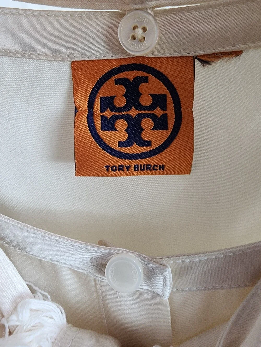 Tory Burch Cream Silk Removable Fringe Tie Bow Neck Blouse Long Sleeve SZ 14